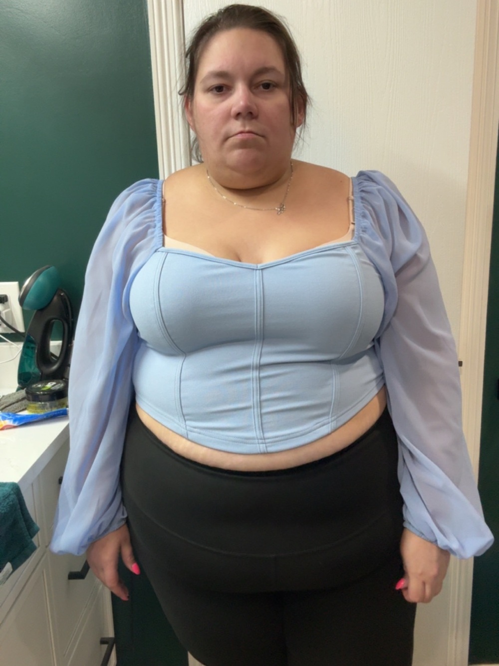 Light Blue Off-Shoulder Corset Top with Sheer Bishop Sleeves - Picture 3 of 3